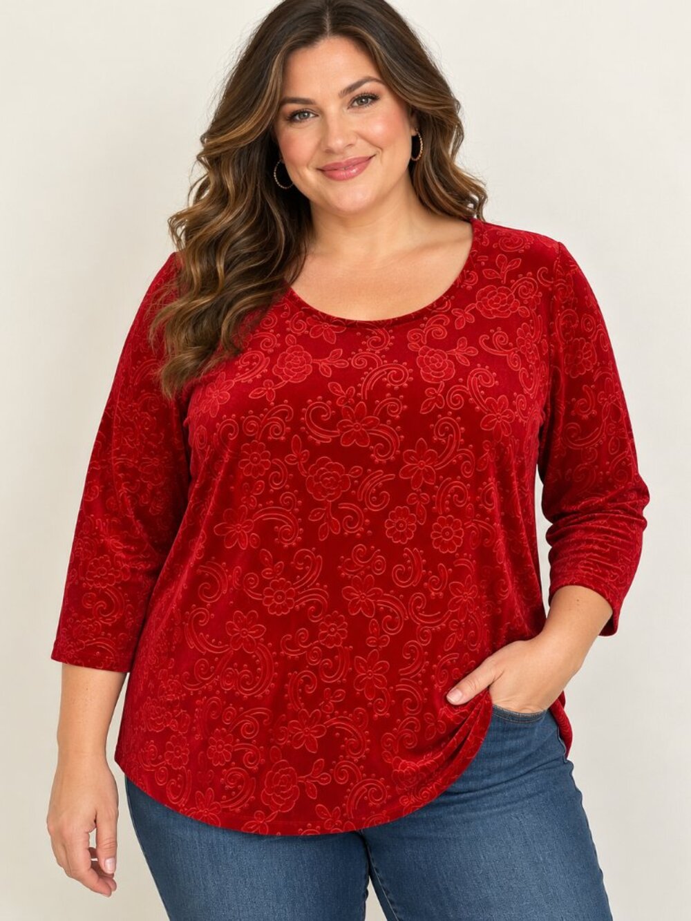 Ruby Rd Red Velvet Floral Top XL Holiday Christmas 3/4 Sleeve